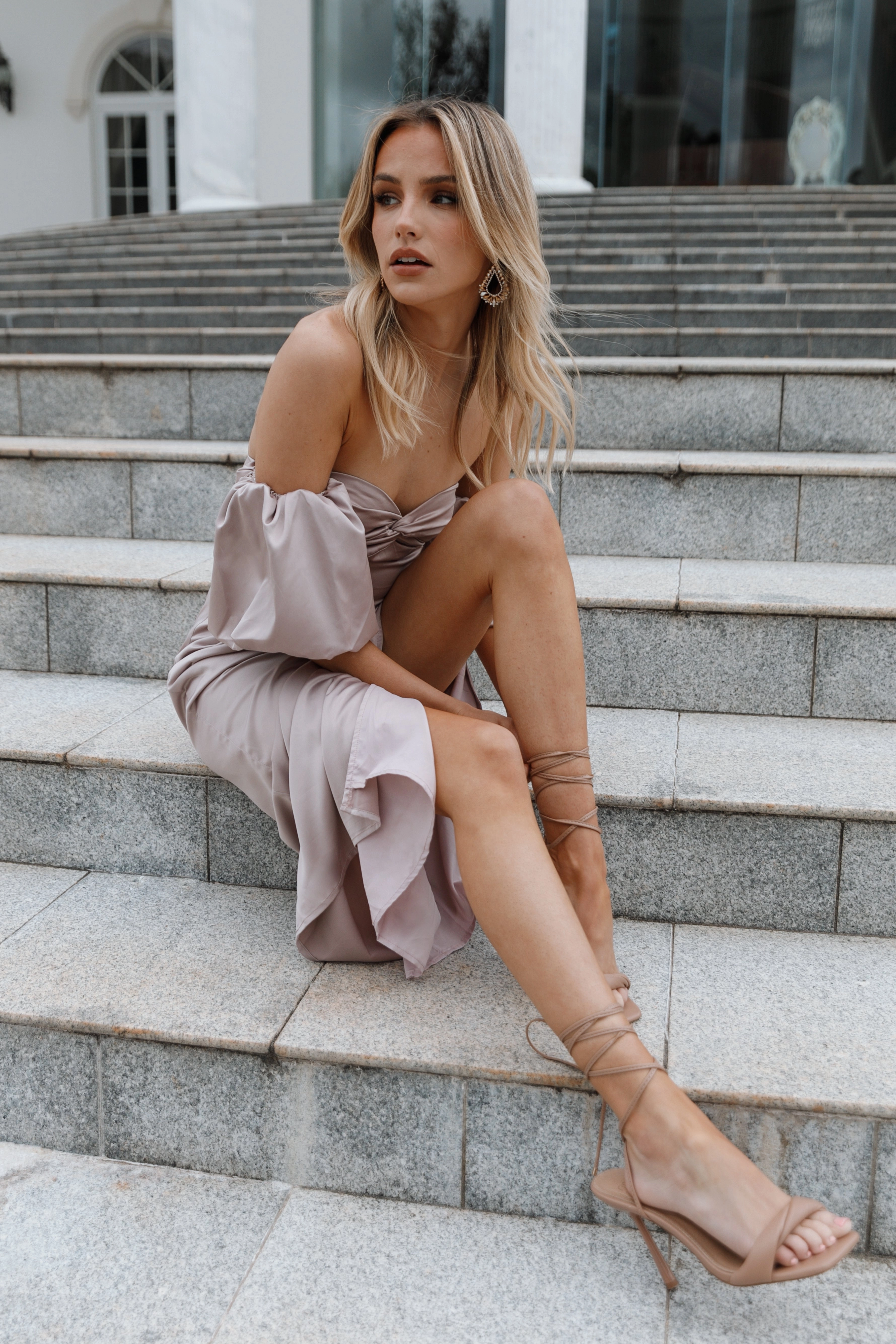 Dahlia Off Shoulder Puff Sleeve Midi Dress - Lilac